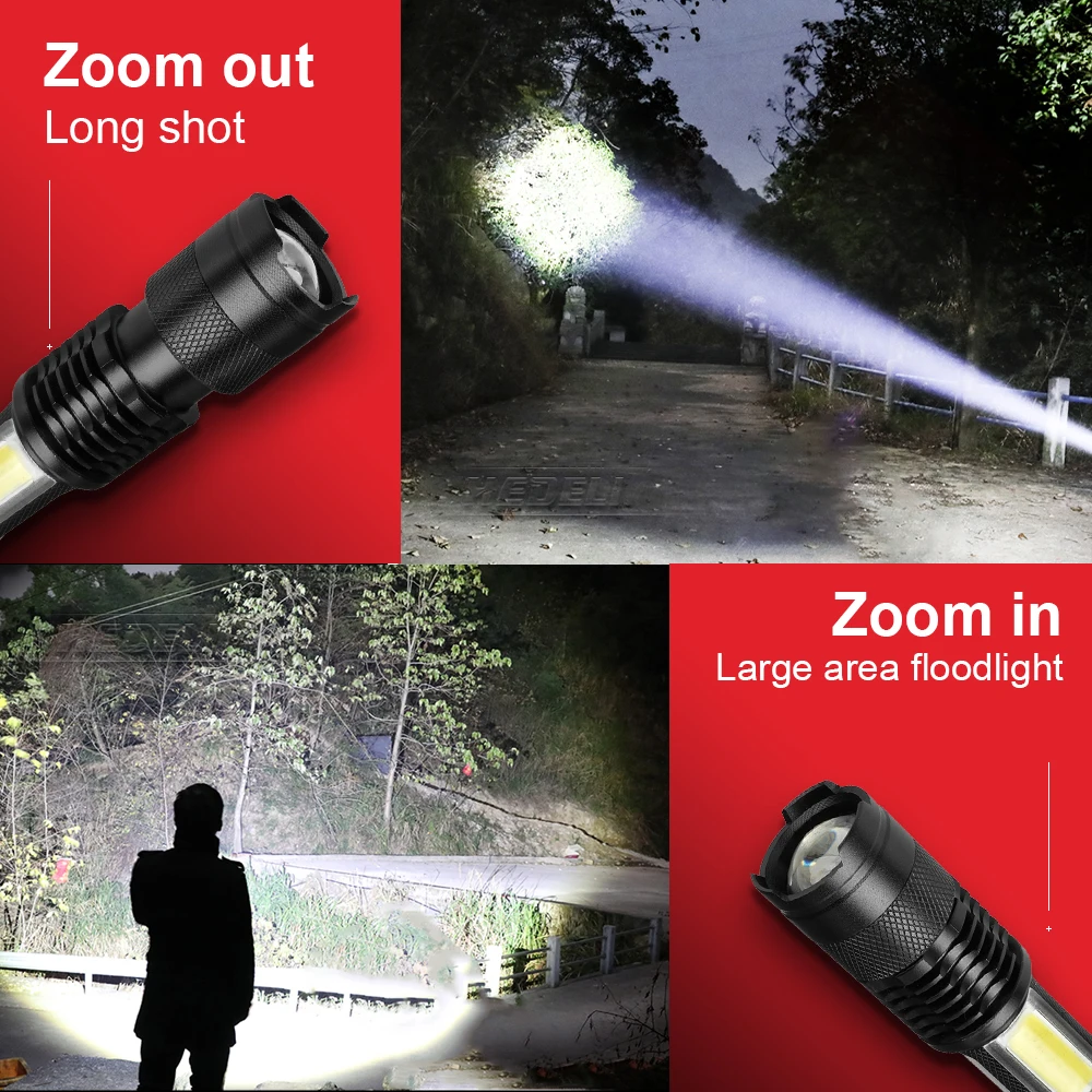 

100m Rechargeable LED Flashlight Powerful CREE XPE+COB Flash Light MINI Torch Zoom Portable Lantern Use 14500 Camping Hand Lamp