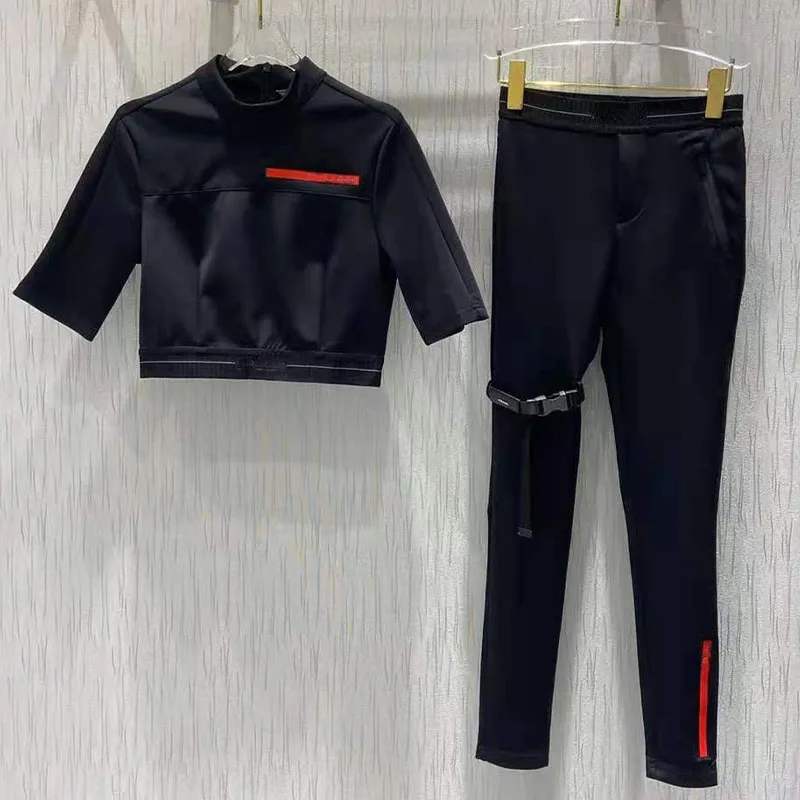 

Женские костюмы на лето 2021, черные однотонные дизайнерские Короткие топы с поясом и длинные брюки, комплекты Hign-End