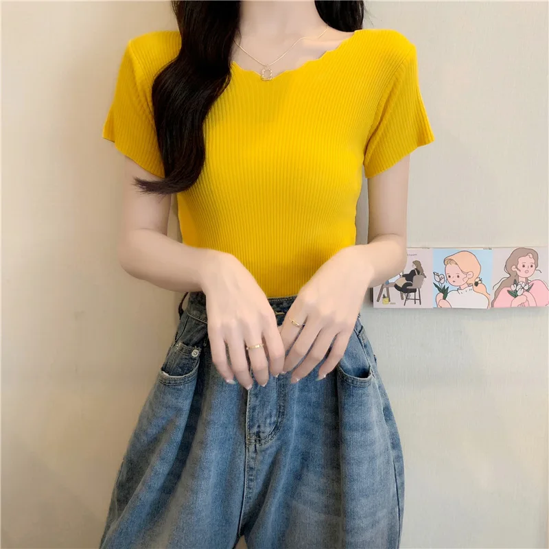 

2021 New Womens Cotton T-Shirt Pure Color Short Sleeve Women T shirt For Female Slim Tops Woman knitted T shirts Clothing