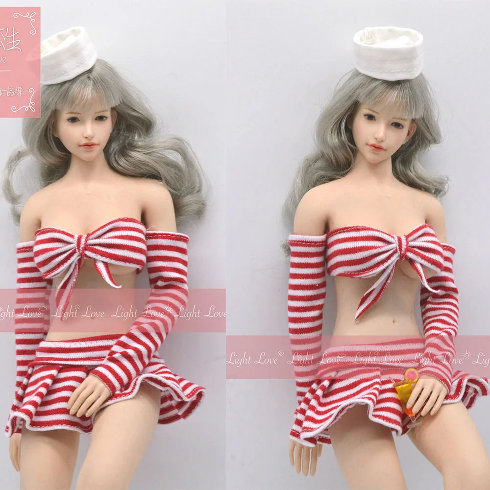 

1/6 Female Pink Stripe Skirt Clothes Suit with Hat Fit 12'' PH TBL Action Figure Dolls