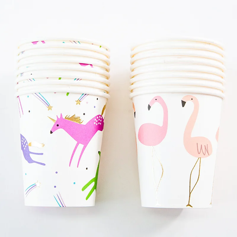 8pcs Party Disposable Paper Cups Juice Cup Cartoon Flamingo DIY Decor Baby Shower Kids Birthday Wedding Picnic Tableware Supply