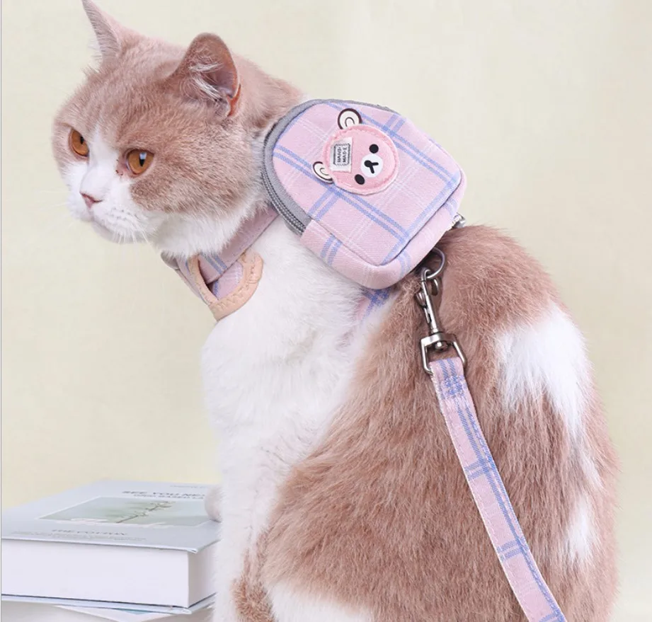 

Cartoon Plaid Bear Dog Harness Backpack With Leash Set Pet Cat Small Animal Collar With Little Purse Bag Carrier Lead Products