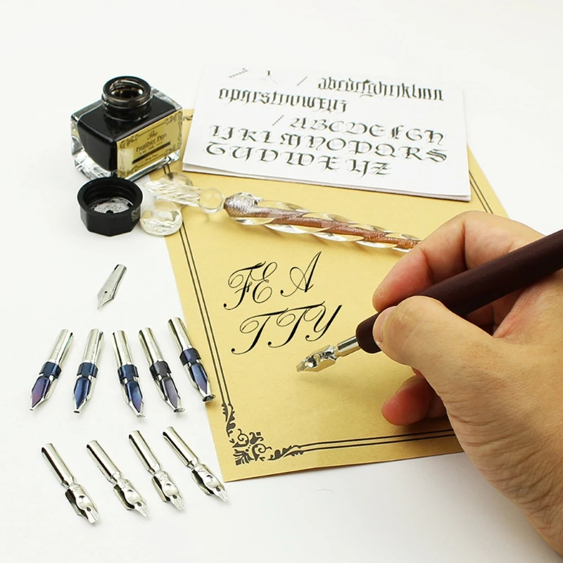 

1set Nibs Wooden Dip Pen Set Glass Calligraphy Pen Set for Cartoon Lettering Art Drawing Mapping Decorative