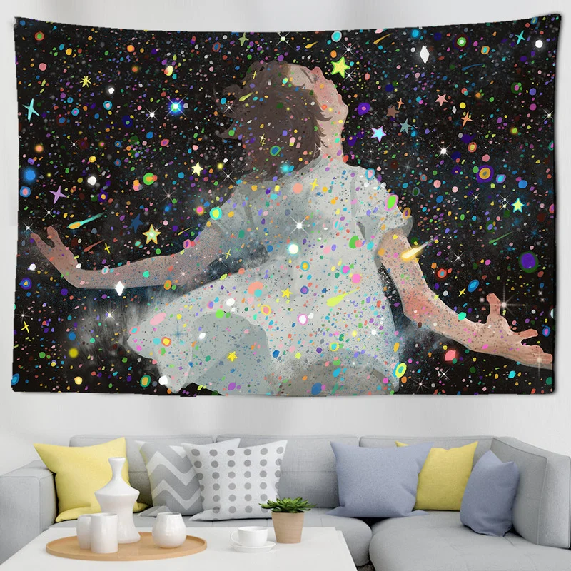 

Cartoon Girl Tapestry Colorful Stars Wall Hanging Room Dormitory Tapestry Art Aesthetic Room Decor Wall Decor Kawaii Room Decor