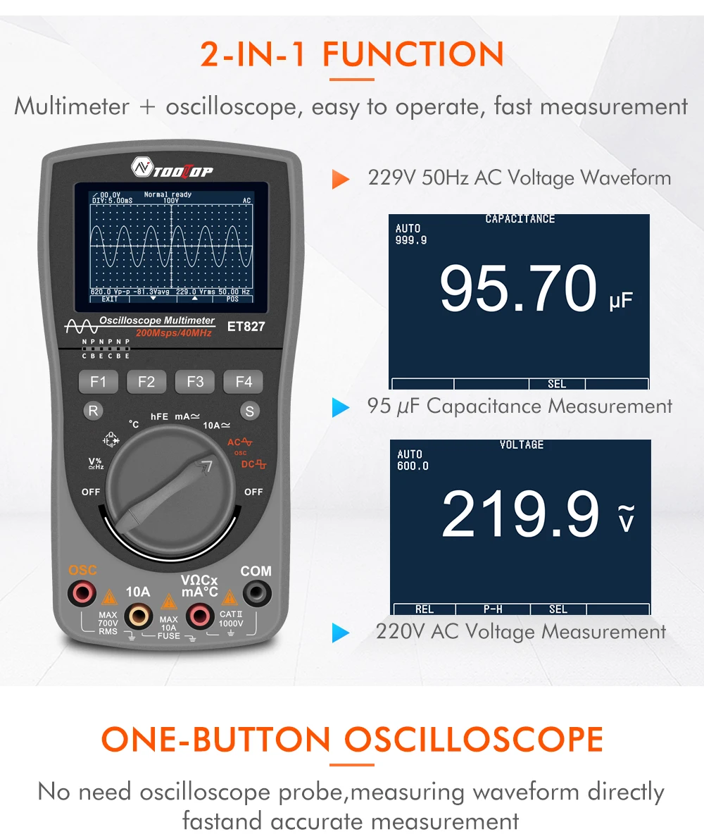 ET827 2 в 1 цифровой мультиметр осциллограф точно 100 наборов данных 40 МГц 200msps для
