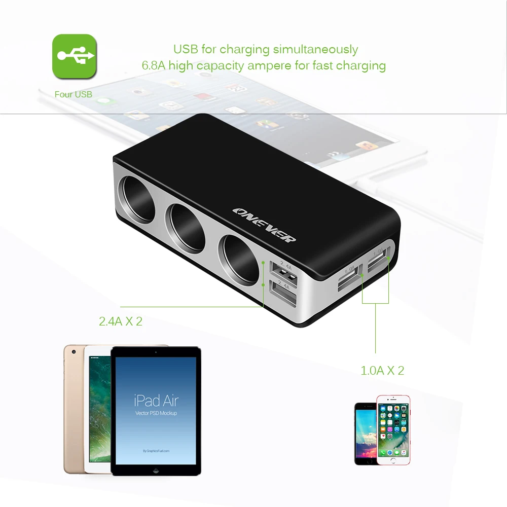 4 USB порта 3 Way автомобильный прикуриватель разветвитель 120 Вт выходной адаптер