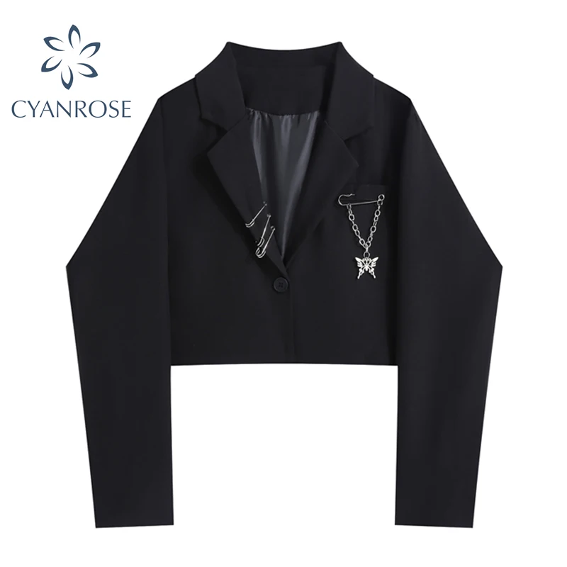 Укороченный пиджак с брошью Женский черный готический в стиле панк приталенный