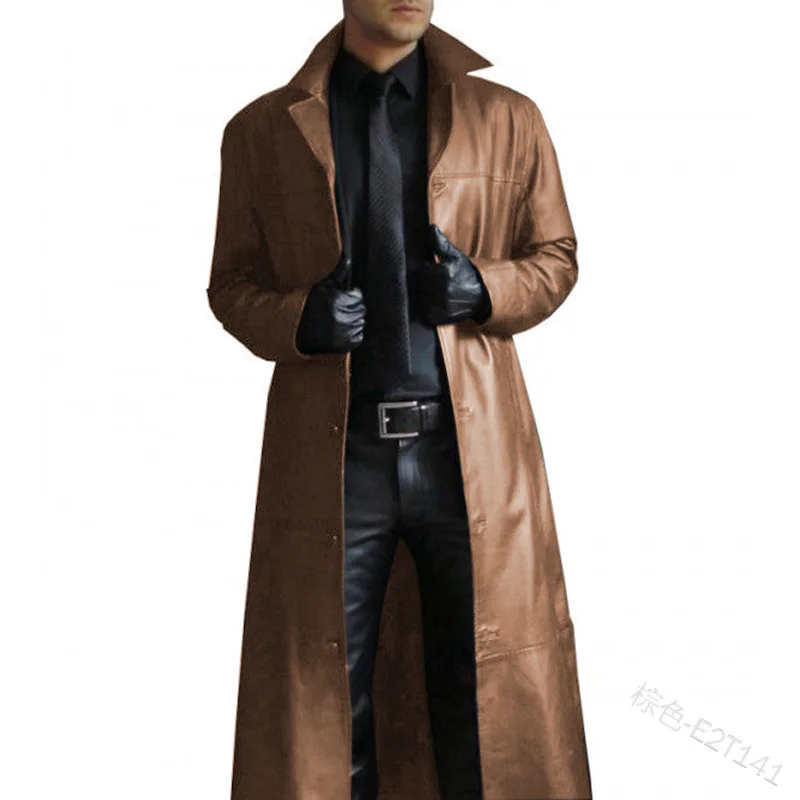 

Lapel solid windbreaker slim leather long leather jacket men's jacket