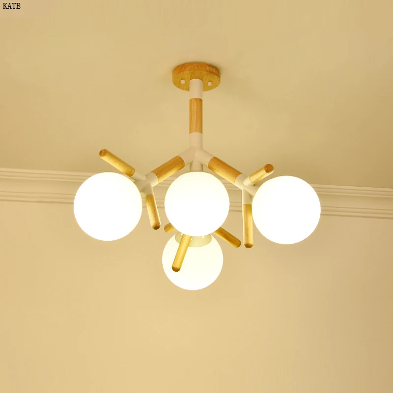 

Modern LED Chandelier E27 With glass Lampshade Nordic Chandelier For Living Room Suspendsion Lighting Fixture Wooden lighting
