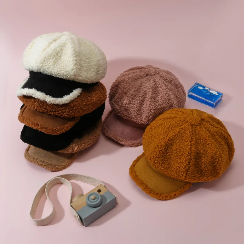 

Women's Beret Hats Lamb Ladies Octagonal Hat Wool Autumn Winter Warm Women Cap Outdoor Female Visor Soft Painter Berets