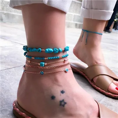 Docona Boho Fish Seashell ананас глаз кактус многослойный ножной браслет набор для женщин кабель цепи бисером ножной браслет ювелирные изделия для ног - Окраска металла: A03503