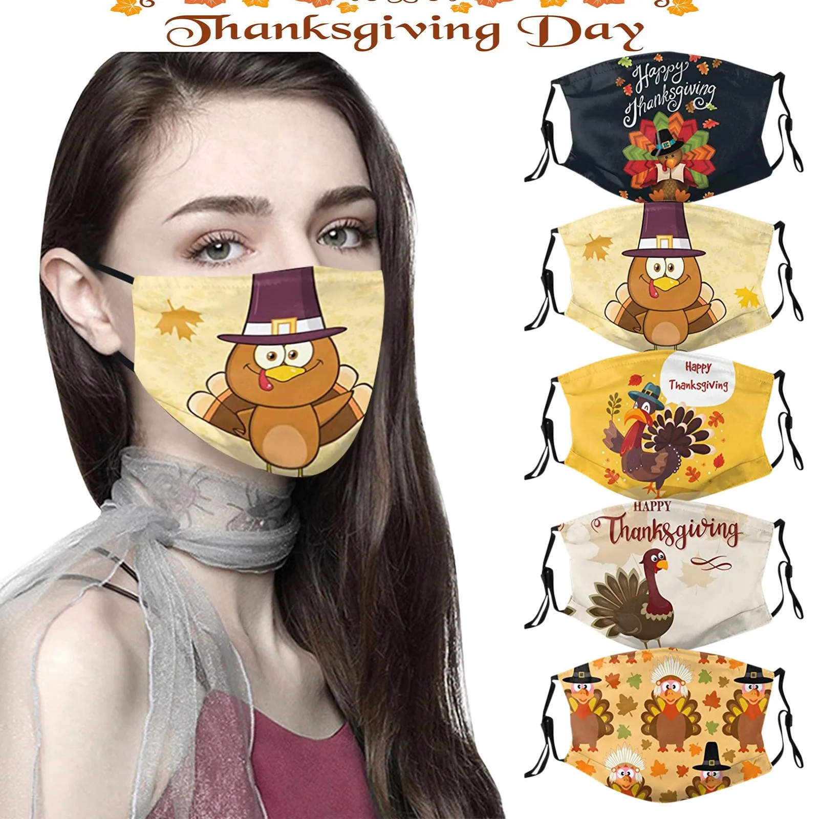 

Thanksgiving Masks Adults 5PCS Protective Face Mask Fashion Lovely Printed Cover Unisex Reusable Masque Breathable Mascarillas 2