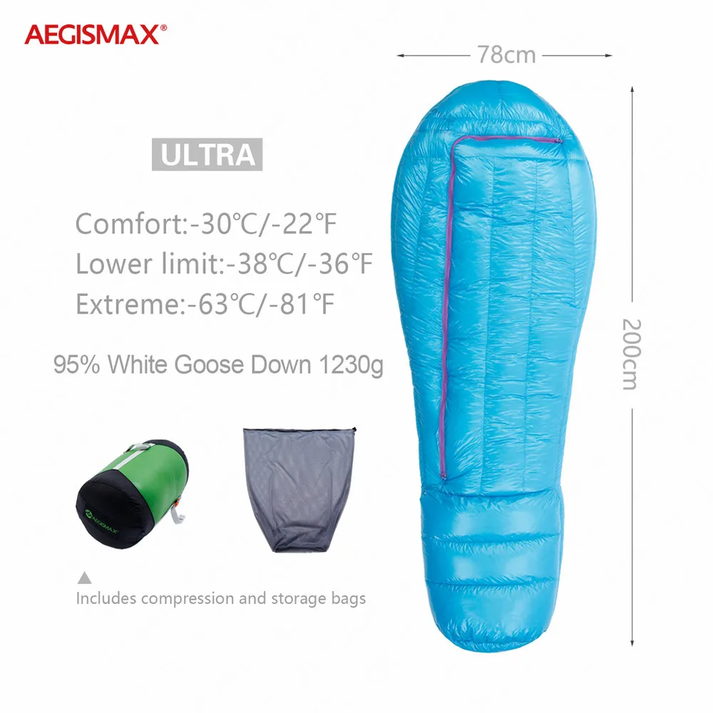 Утолщенный спальный мешок AEGISMAX ULTRA FP850 из 95% гусиного пуха полностью защищенный от