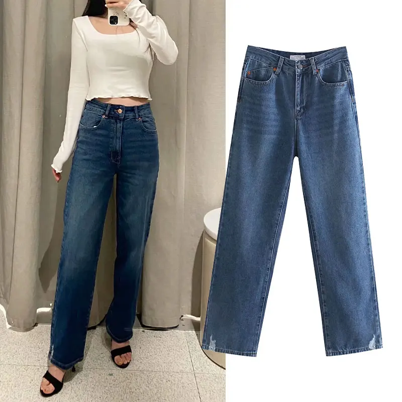 

2021 summer women's Korean casual cotton distressed blue jeans wide-leg pants straight high-waisted loose hips were thin