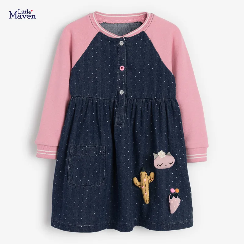 

Little Maven Frocks for Baby Girl Brand Autumn Clothes Animal Applique Toddler Dot Contrast Sleeve Fall Dress for Kids 2-7 Years