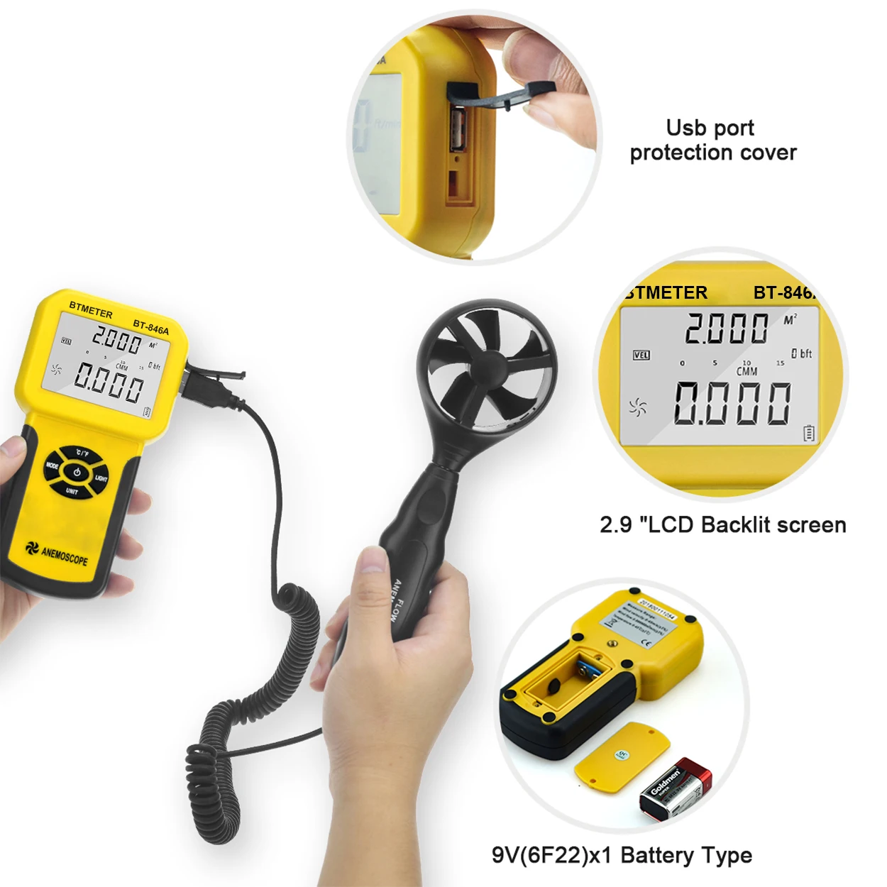 Фото BTMETER 846A Pro Анемометр HVAC Измерение скорости ветра Тестер температуры ветра CFM Измеритель скорости потока воздуха с подсветкой №4