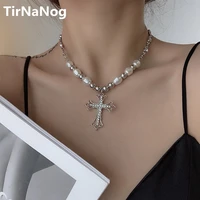 hip hop punk rock retro personality baroque imitation pearl necklace contracted geometric cross pendant chain of clavicle
