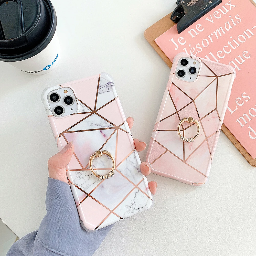 LOVECOM Electroplated Geometric Marble Phone Case For iPhone 12 11 Pro XR XS Max Corner Shockproof Soft Ring Finger Back Cover | Мобильные