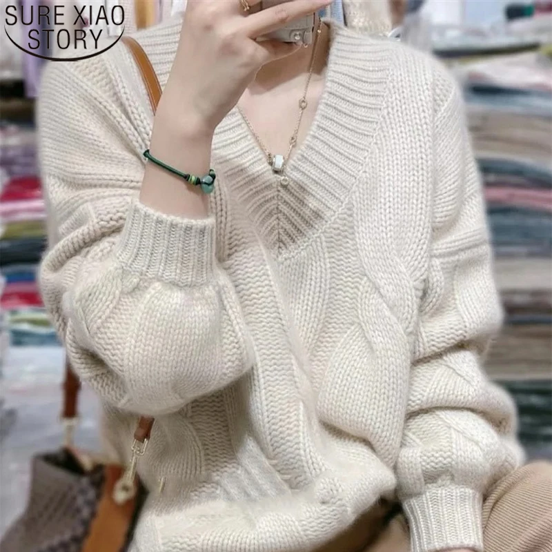 

New Autumn Winter Basic Oversize Thick Sweater V-neck Pullovers Women Casual Loose Cashmere Sweater Pullover Pull Femme 17718