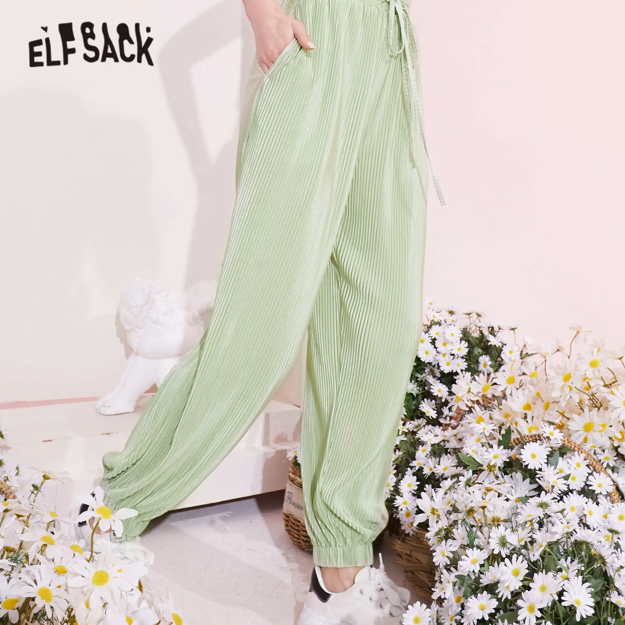 ELFSACK Solid Pure High Waist Straight Casual Minimalist Women Pants 2021 Summer Drawstring Korean Ladies Daily Basic Trouser