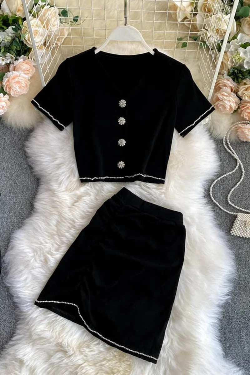 

Summer Women Two Piece Set Vintage 2020 Black V-neck Single Breasted Cardigan Short Tops + High Waist Skirt Ladies 2pcs Set Suit