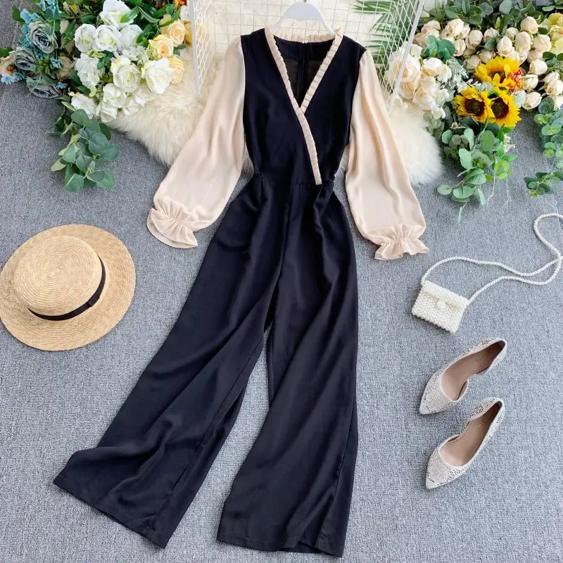 Новинка 2019 года Осенний комбинезон контрастного цвета с оборками широкие брюки