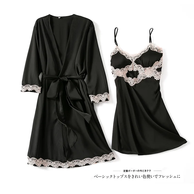 

Satin V-neck Robe Set Women Kimono Gown Silky 2PCS Sleepwear Sexy Lace Nighty&Robe Set Summer Sleep Set Home Dressing Gown