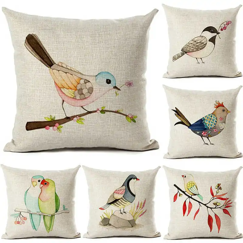 Cartoon Bird Cushion Cover Animal Pillow Case For Couple Cotton Linen Printed Throw 45*45 cm Home Sofa Decorative | Дом и сад
