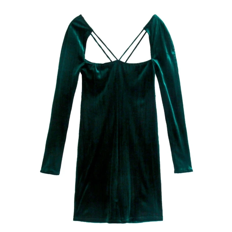 

Fashion Women Opening Design Green Velvet Mini Dress Long Sleeve Female Clothes Casual Lady Slim Vestido D9167
