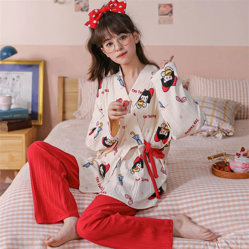 

Кимоно женское в японском стиле, пижамный комплект, хлопковая ночная рубашка с длинным рукавом, Аниме Пижама, домашняя одежда из 2 предметов
