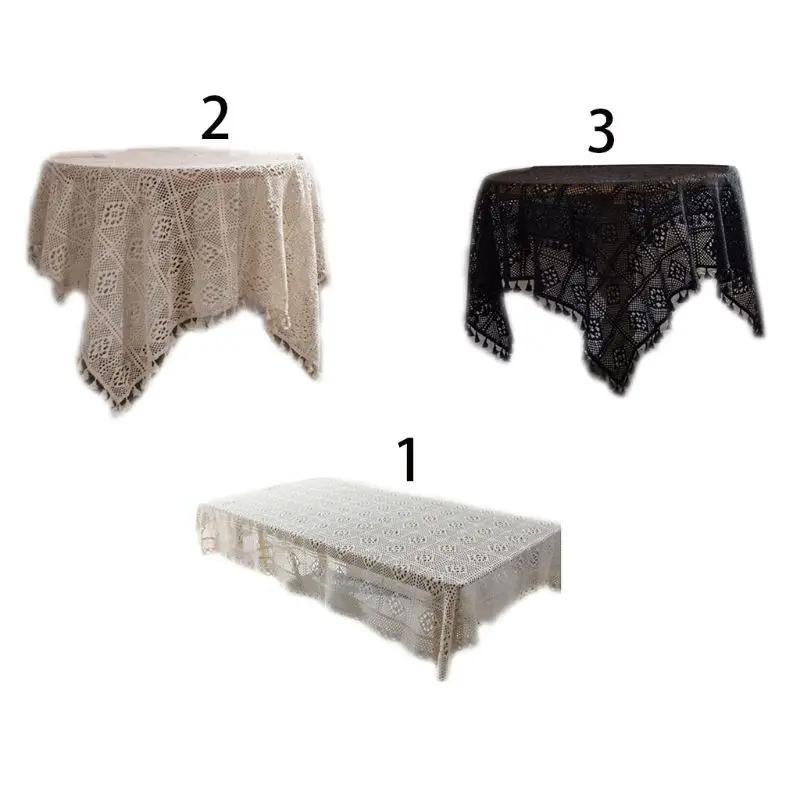 

American Pastoral Style Handmade Crochet Tablecloth Hollow Out Floral Lace Cover Piano Towel Vintage Tassels Dining Home Decor