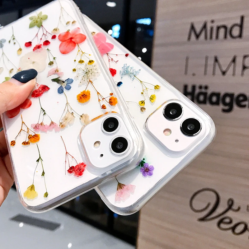 

Silicon Phone Case For iPhone 11 12 Pro Max Mini Case Real Dried Flowers Bumper On iPhone 12pro SE 2020 XR 8 7 Plus X XS Covers