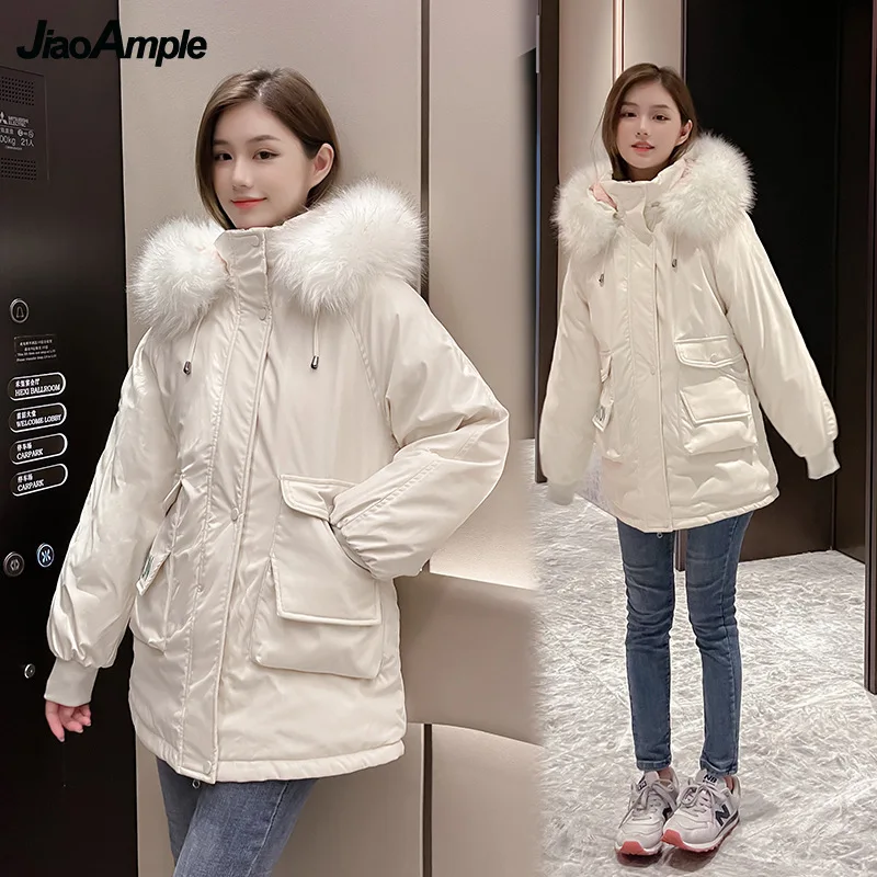 Winter Warm Thick Fur Cotton Jacket 2021 New Korean Student Fashion Packet Letter Hooded Long Coats Lady Snow Wear Black Outwear