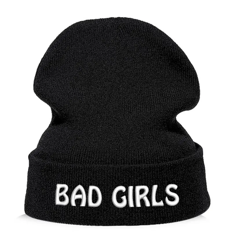 Beanie шляпа Skullie шапка, вязаная шапка-носок Зимняя Вышивка в стиле панк Для мужчин Для женщин подростков уличных танцев забавные персонализированные Csutomized плохие девчонки - Цвет: Черный
