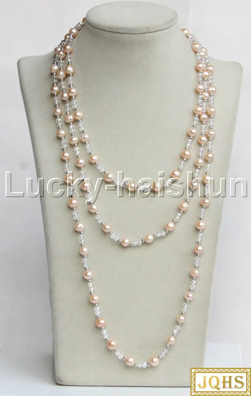 

JQHS Long 64" 8mm Baroque Round Pink Freshwater White Pearls Crystal Beaded Strand Knotted Necklace J11880