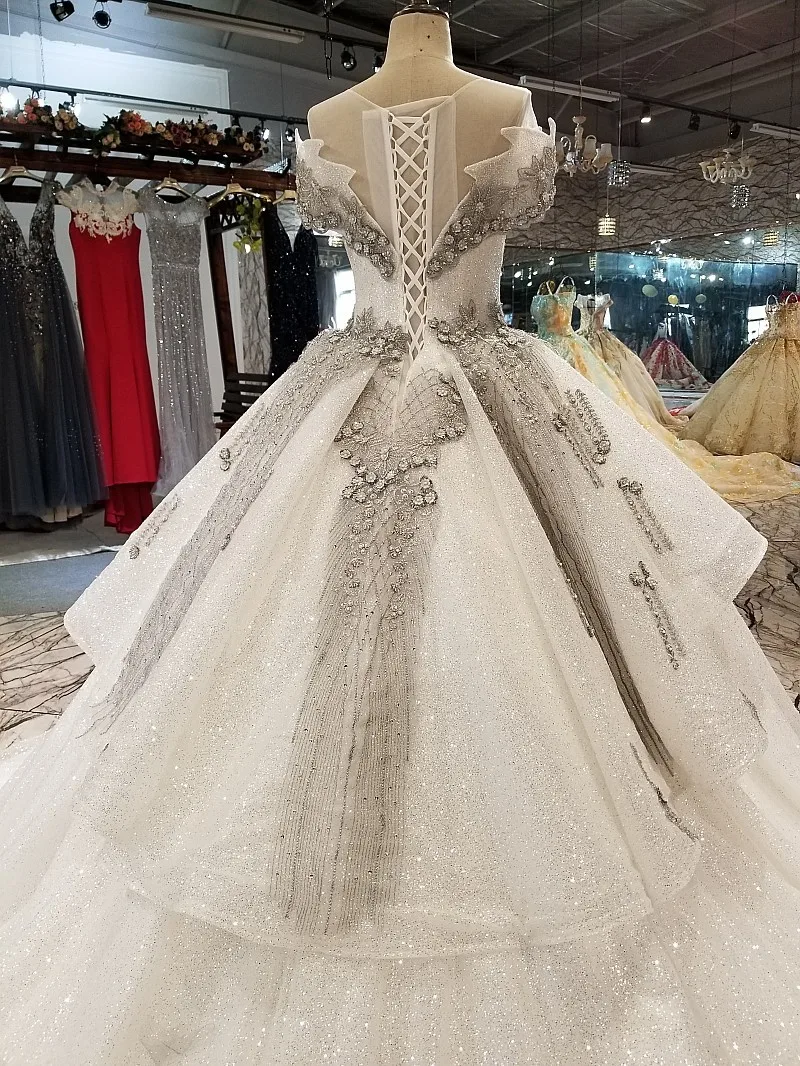 BGW 22029ht Special Short Sleeve Ball Gown Evening Dress Grey Decorations O-neck Dubai Dresses With Long Train For Sexy Mother