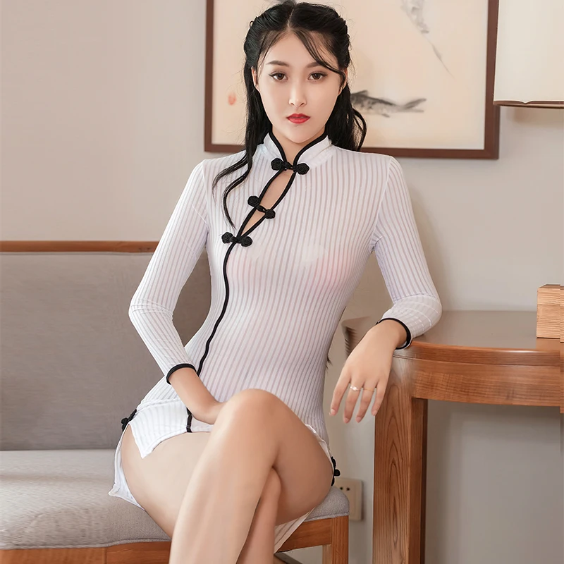 

Package Hip Mini Robe Cheongsam China Style Vintage Bandage Bodycon Dress Sexy See through Stripe Dresses Woman Party Clubwear