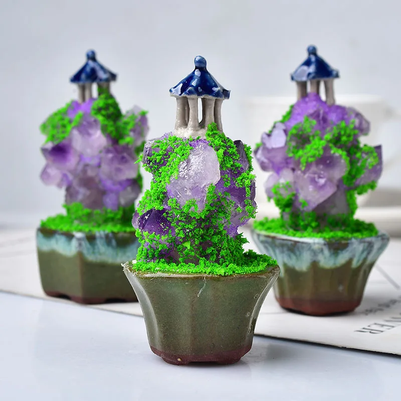 

1PC Natural Crystal Amethyst Mineral Ornaments Home Decoration Hand-made Purple Lucky Tree Healing Pavilion Decorative Gifts