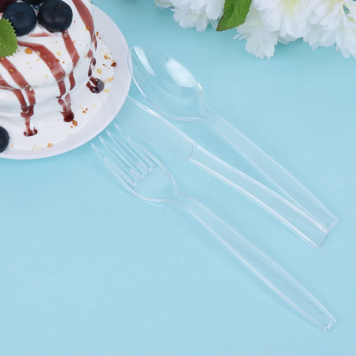 

300 шт., прозрачные одноразовые столовые приборы, пластиковые столовые приборы для вечерние ринки, вилка, ложка для вечеринки, дня рождения (н...