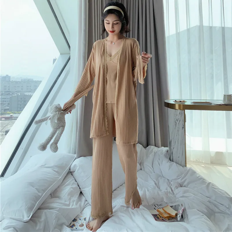 3 шт. халат комплекты сексуальный кружевной пеньюар костюм хлопковая одежда для