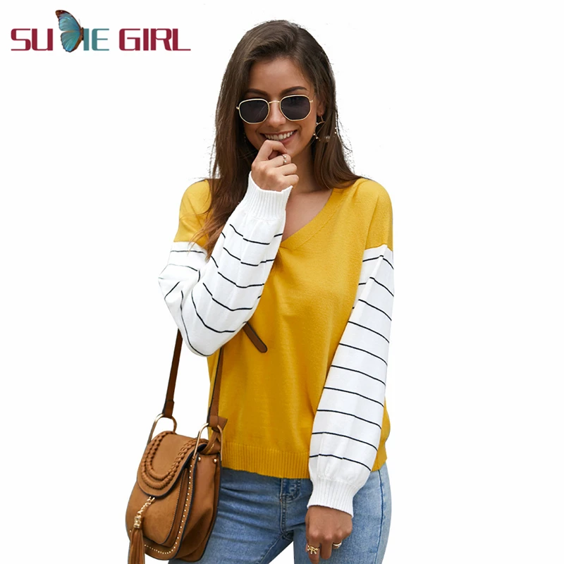 

SUDIE Girl Autumn long-sleeve V-neck sweater stitching contrast color ladies jacket simple casual sweater