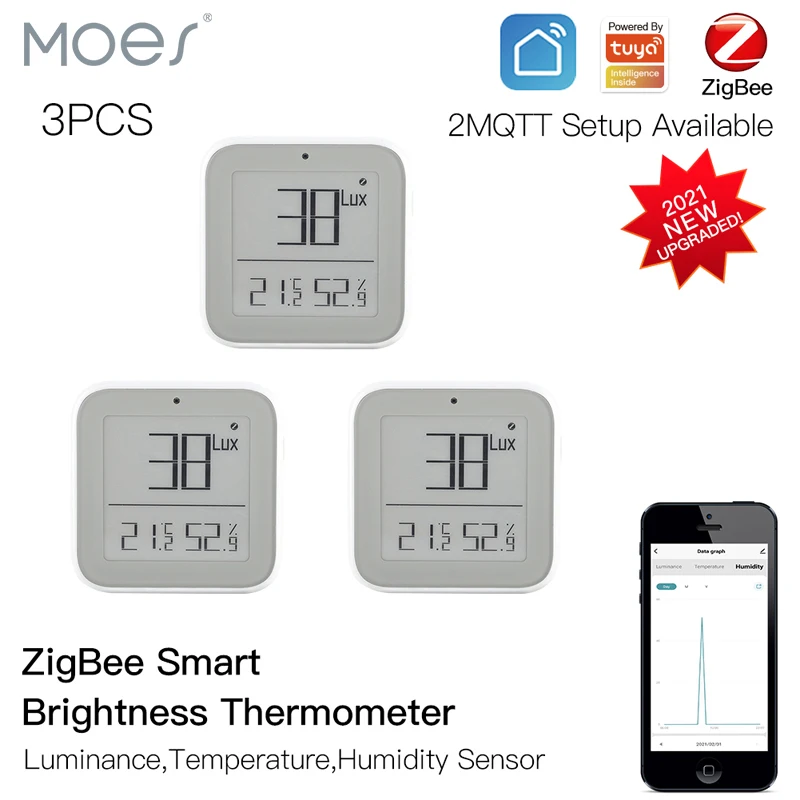 Moes Zigbee Smart Brightness Thermometer Sensor Real-time Light Sensitive Temperature and Humidity Detector with Tuya Smart App mp3 fm inside and outside light sauna and household temperature control thermometer with led