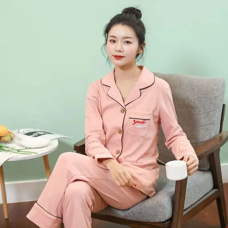 

100% Cotton Pajamas Sets High Quality Long-Sleeved Trousers Female Plus Size Sleepwear Home Suit