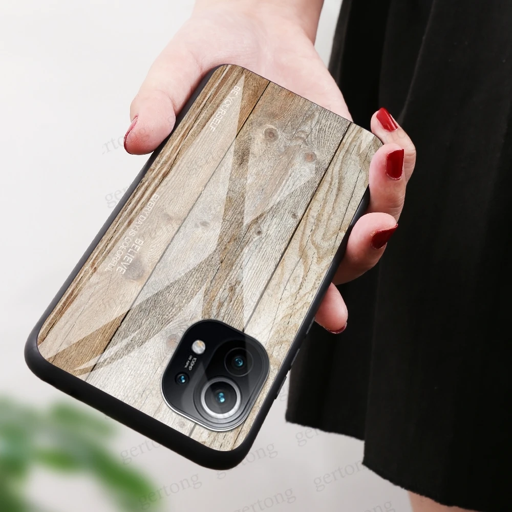 

Phone Case For Redmi Note 10 K 40 Pro Max Wood Grain Tempered Glass Case For Xiaomi Mi 11 Hard Cover Back Cover Capa Shell Cases