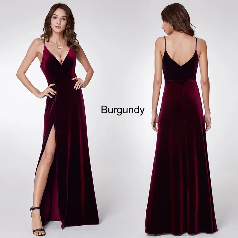 burgundy Skyyue вечернее платье элегантный v-образным вырезом Спагетти ремень Прямые Вечерние платья Сплит размера плюс длина пола формальное платье De Soiree C402 - Цвет: burgundy