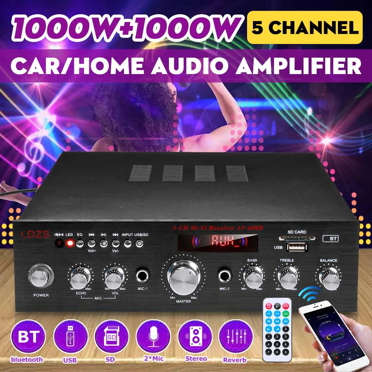 

AV608 2000W 5 Channel Home Car bluetooth Audio Power Amplifier HIFI Digital AV Amp Speaker Remote Control Reverb 2 Mic FM USB SD