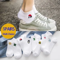 10 pieces 5 pairs women white short socks set korean fashion breathable ankle boat socks slippers cactus funny expression new