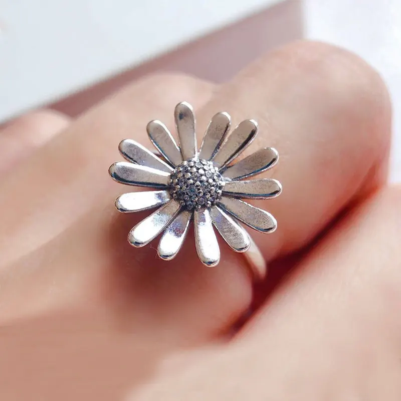 Изысканные Jewely 925 пробы серебро Проложить Дейзи цветок крупное колье кольцо на