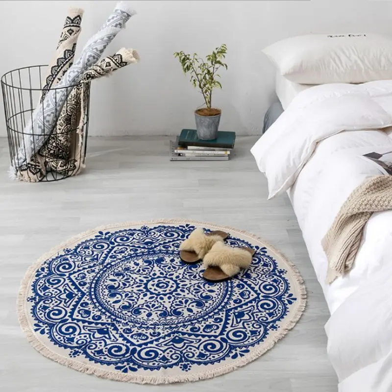 

Morocco Round Rug Boho Style Tassel Cotton Fabric Carpet Mat Door Blanket Decor