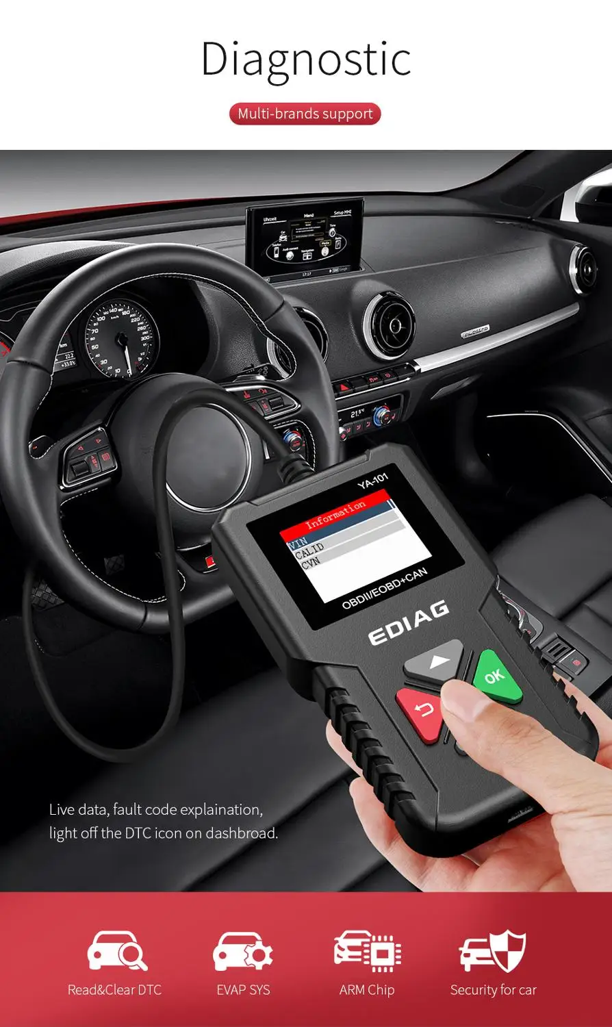 Ediag YA101 OBDII/EOBD тест на батарею настоящий 16pin считыватель кодов диаграмма datastream USB